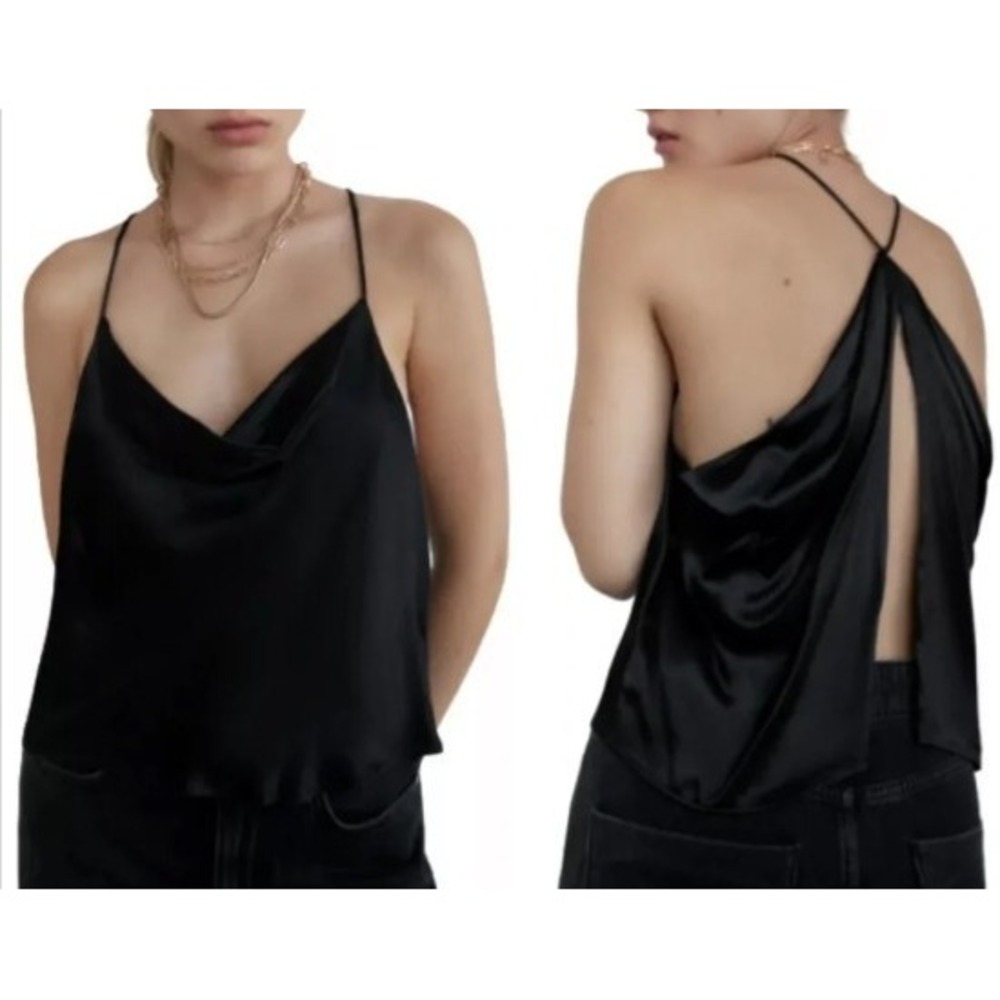 Zara Strappy Open Back Satin Camisole Top Black Cowl Neck Cami Medium